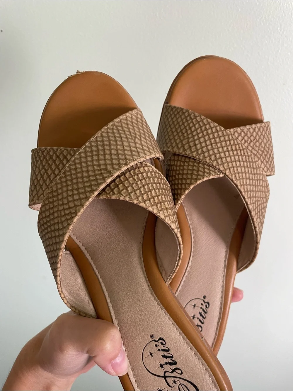 “Woven” look Tan Crossband Slide Mules Heel Sandals